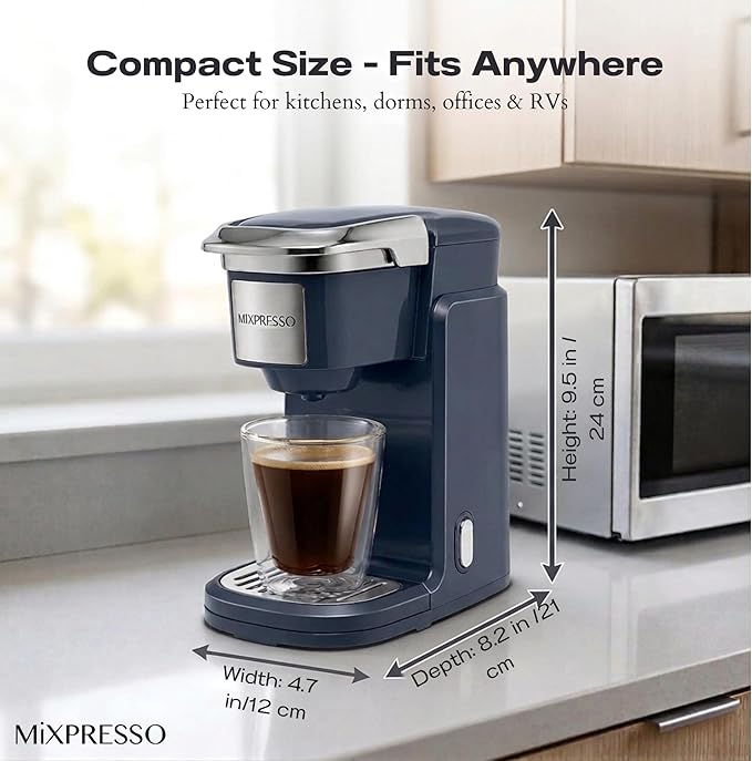 Mixpresso Single Cup Coffee Brewer - Quick Brew, One Touch Function, 12oz One Cup Grey Coffee Maker