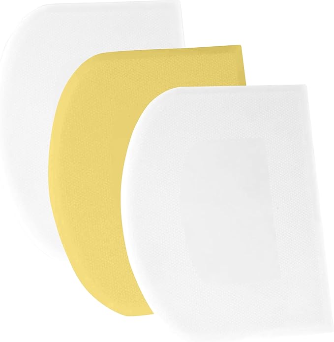SURDOCA Dough Scraper Bench Scraper - 3P 9.5x6.1" Plastic Flexible Bowl Scraper, Sharp Edge & Angles Cake Scraper. Non-Slip Bakeware Decorating Tools Sculpting & Modeling Tools - White+Yellow+White