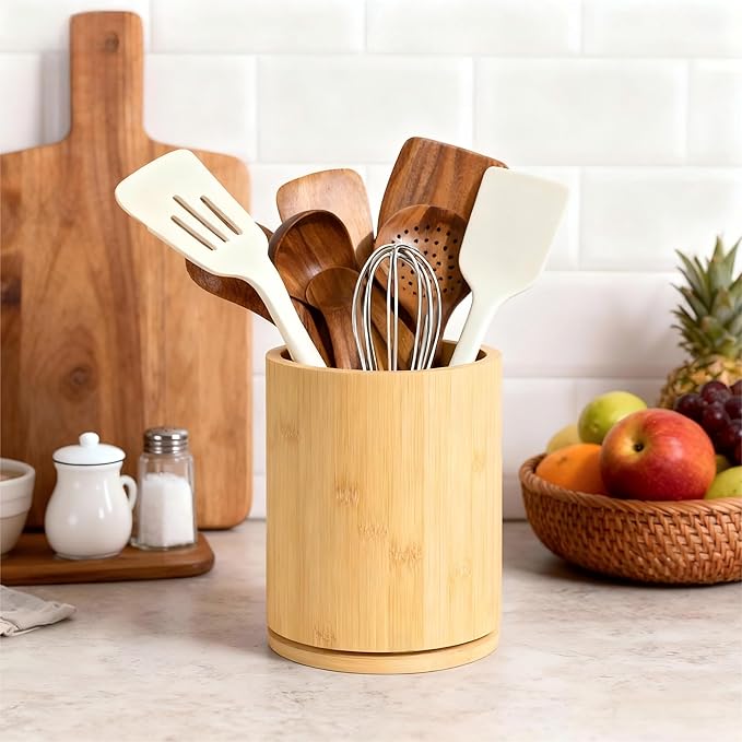 Wooden Utensil Holder, 360°Rotating 7.3'' Large Utensil Holder for Kitchen Counter, Kitchen Utensil Organizer, Utensil Crock, Farmhouse Kitchens Countertop Decor, Bamboo Wood