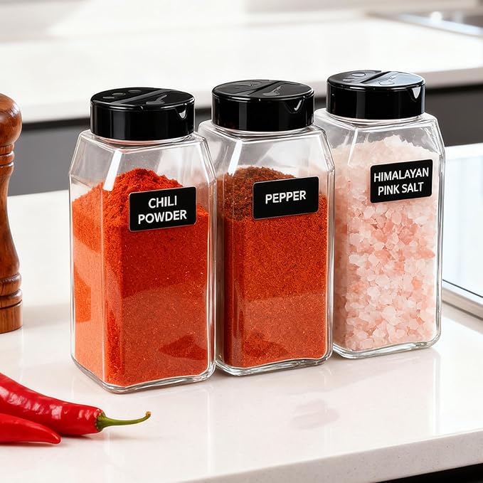SINJEUN 32 Pack 16 Oz Plastic Spice Jars with Black Cap, Empty Seasoning Bottles with Shaker Lids, Clear Seasoning Containers for Kitchen Storing Spice, Powders, Salt, Herbs