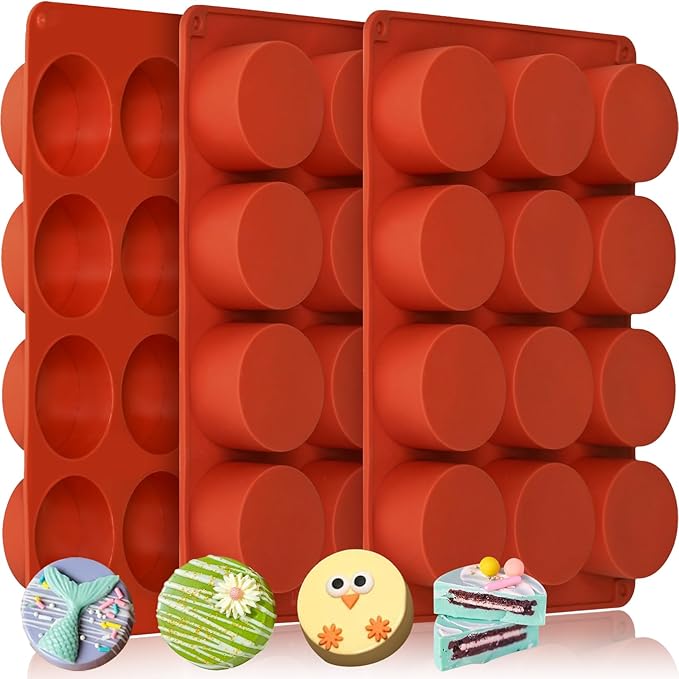HKNMTT Round Silicone Molds 3 PCS, 12-Cavity 2.1" Round Cylinder Chocolate Covered Cookie Mold, Food Grade Non-Stick Baking Moulds for Candy Handmade Soap Pudding Jello Mini Cake Jelly Brownie