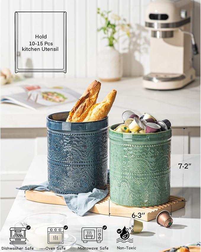 Kitchen Utensil Holder, 7 Inches Large Ceramic Utensil Holder for Countertop, Lace Emboss Cooking Utensil Crocks for Kitchen, Home Decor, Off-White, Forest Green