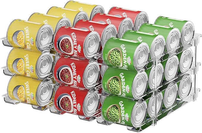 Dayacoco Can Organizer For Pantry,3 Sets 3 Tiers Pantry Organizers And Storage, Pantry Organizer for Fridge 36 Standard and Tall Cans Rack Automatic Rolling Stackable Canned Food Organizer, Clear