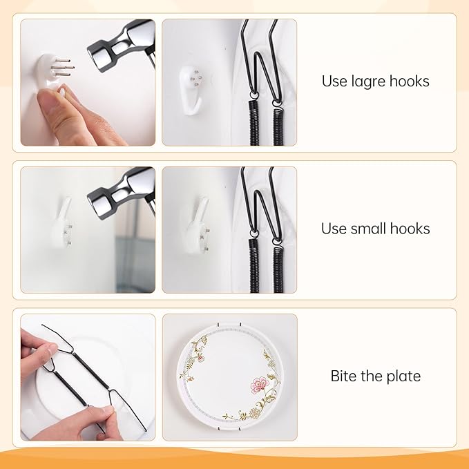 Bilillo 9-Piece Stainless Steel Wall Plate Hangers, 4/6/8 Inch Invisible Decorative Wire Plate Holders with 9 Pieces Wall Hooks for 4 to 10 Inch (Black)