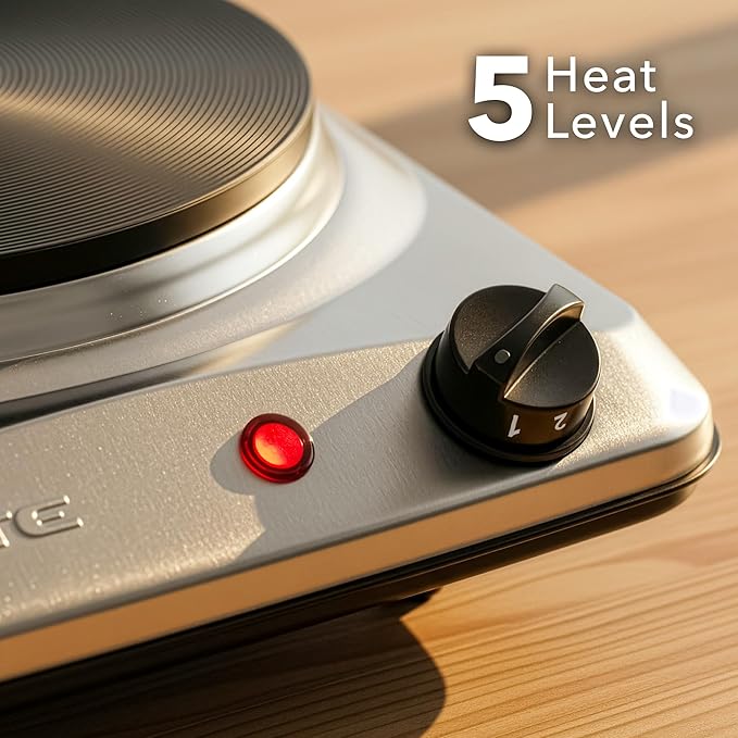 OVENTE Electric Countertop Single Burner, 1000W Cooktop with 7.25 Inch Cast Iron Hot Plate, 5 Level Temperature Control, Compact Cooking Stove and Easy to Clean Stainless Steel Base, Silver BGS101S