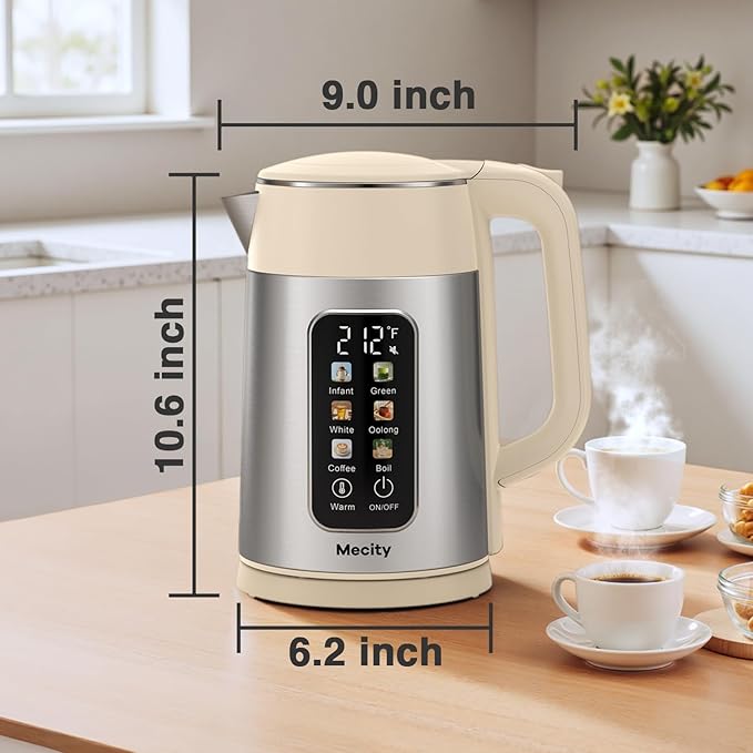 Mecity Electric Kettle 1.7L Touch Screen Temperature Control Water Boiler, No Plastic Contact with Water. 6 Presets For Tea and Coffee, 2 Hours Keep Warm, Auto Shut Off, Cream & Stainless Steel Color