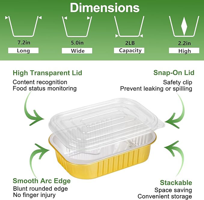 40 Pack 2LB Gold Aluminum Foil Pans with Lids Heavy Duty 7.2"×5"×2.2" Foil Food Containers with Lids, Tin Foil Pans for Baking, Meal Prep, Freezer, Heating and Takeout