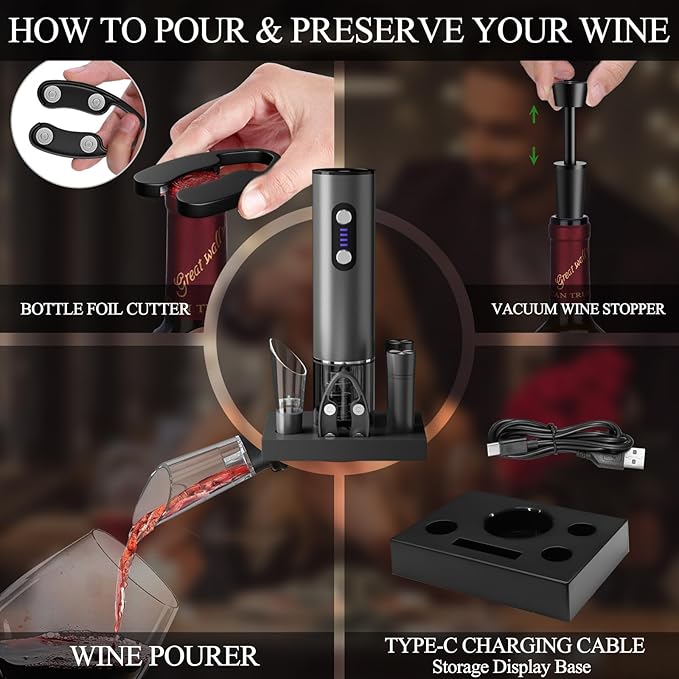 Marchpower Electric Wine Bottle Opener, Cordless Rechargable Automatic Red Wine Corkscrew with Aerator Pourer, Foil Cutter, Vacuum Preservation Stopper and Base, Home Bar Accessories for Wine Lovers