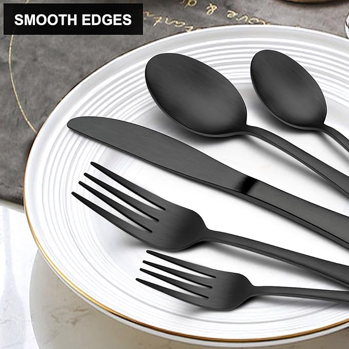 LIANYU 30 Piece Matte Black Silverware Set, Satin Finish Black Flatware Cutlery Set for 6, Stainless Steel Kitchen Utensil Tableware for Home Restaurant Party, Dishwasher Safe