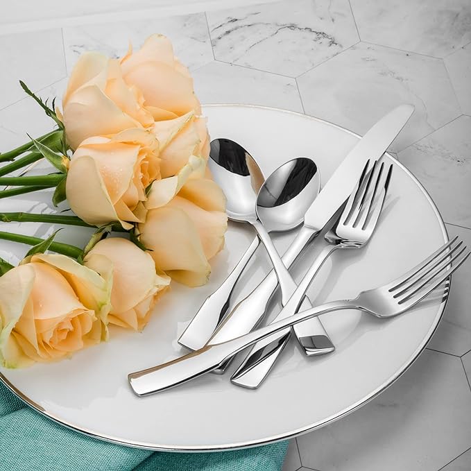 Alata Kate 45-Piece Silverware With Utensil-Serving Set, Service for 8, Stainless Steel Flatware, Mirror Polished Cutlery, Dishwasher Safe