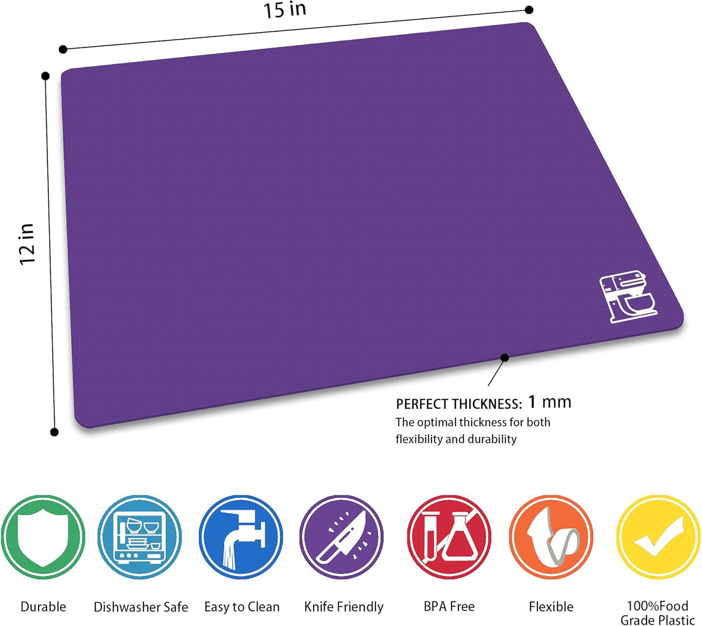 ZVP Flexible Plastic Cutting Boards for Kitchen Set of 3, Chopping Boards with Food Icon, Non-Slip Cutting Mats for Meat, BPA Free, Dishwasher Safe Rainbow