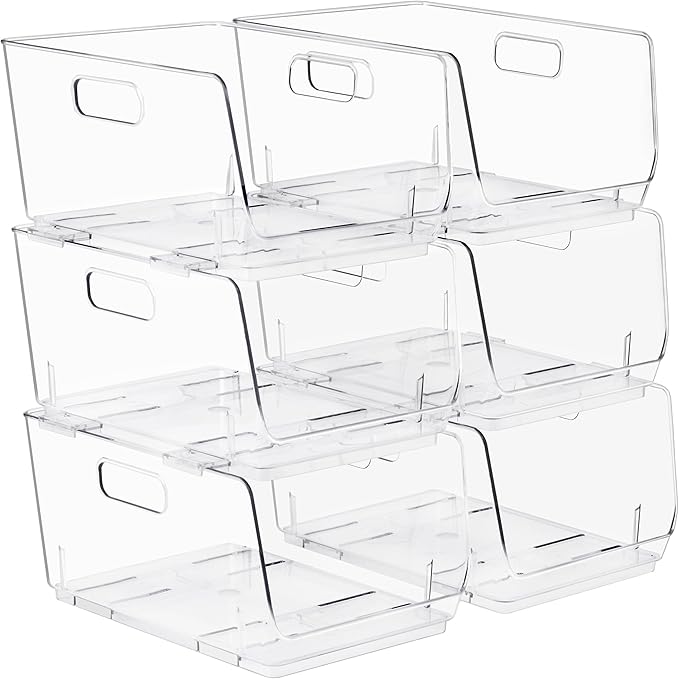 Sorbus Stackable Storage Bins Open Front, Clear Stackable Storage Bins, Pantry Bins for Storage and Organization, Acrylic Stackable Bins for Kitchen, Clear Pantry Organizer Bins (Medium 6 Pack)