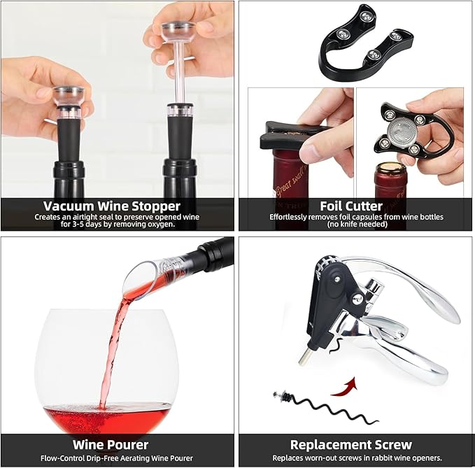 Rabbit Wine Opener Set with Luxury Gift Box, 5-Piece Gift Kit Includes Corkscrew, Foil Cutter, Bottle Stopper, Wine Pourer, Easy Cork Removal, Perfect for Wine Lovers (Moonlight Silver)