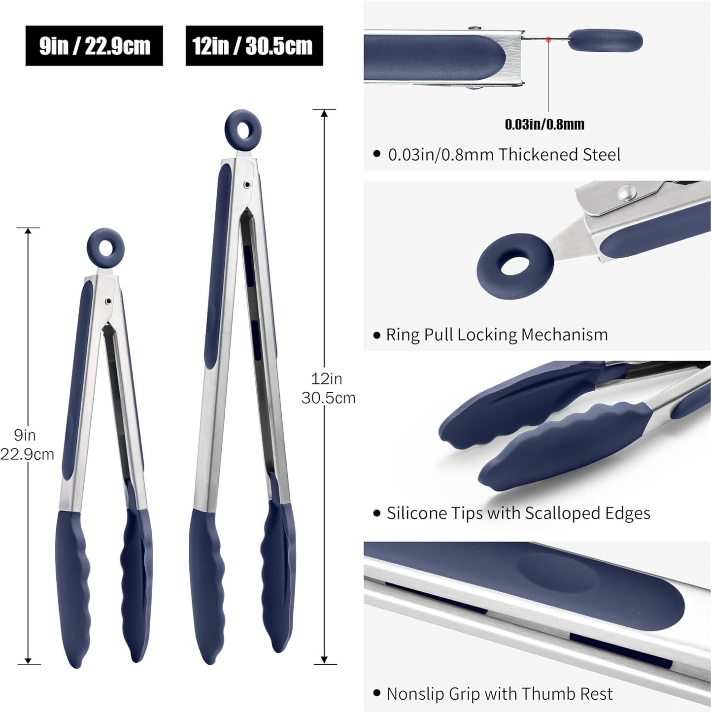 Doosu Kitchen Tongs for Cooking - 600°F Heat Resistant Food Tong Set with Non-Scratch Silicone Tips, Heavy Duty Stainless Steel Locking Tong for BBQ, Grilling Steak, Serving Salad (9+12in, Navy Blue)