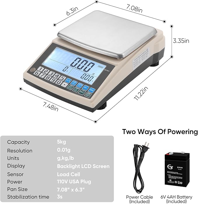 Lab Scale 5000gx0.01g High Precision Lab Gram Counting Scale with RS232 Port & Calibration Weight & Battery, Lab Analytical Balance Scientific Electronic Scale for Kitchen, Jewelry, Gold, Industrial