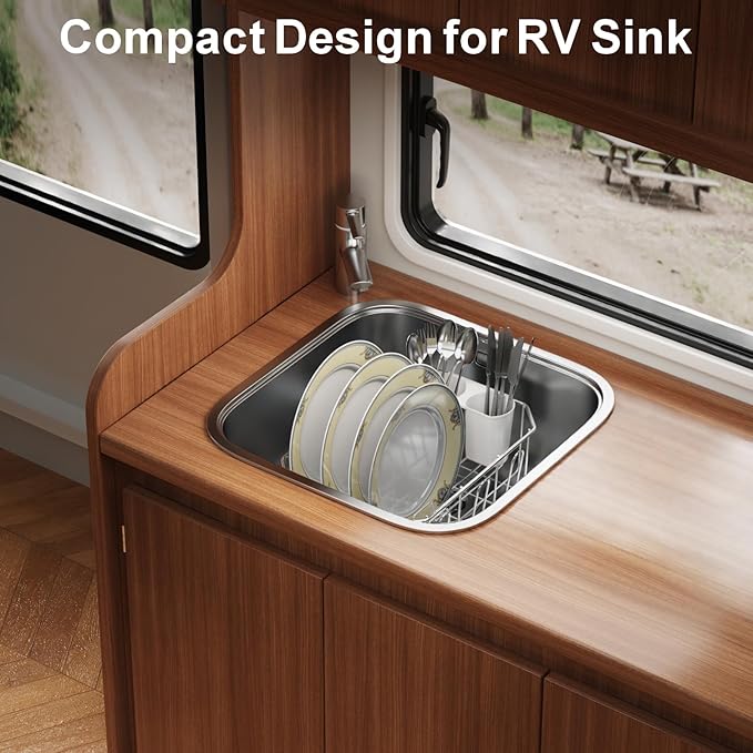 GSlife Mini in Sink Dish Drying Rack - Stainless Steel Small Dish Drainer for RV Kitchen Apartment Sink, 9.5" W x 13.4" L, White Utensil Holder