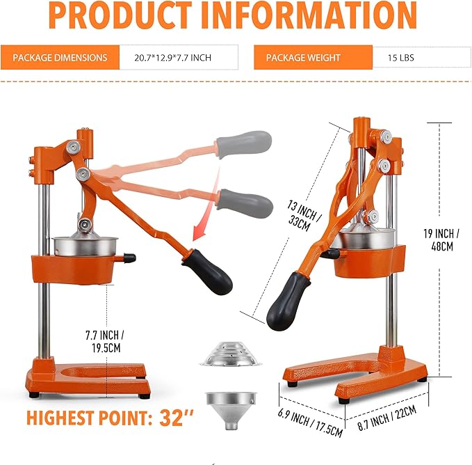 19 Inch Height Extra Tall Commercial Heavy Duty Cast Iron Hand Press Manual Orange Citrus Lemon Lime Grapefruit Pomegranate Fruit Juice Squeezer Machine with Stainless Steel Cup