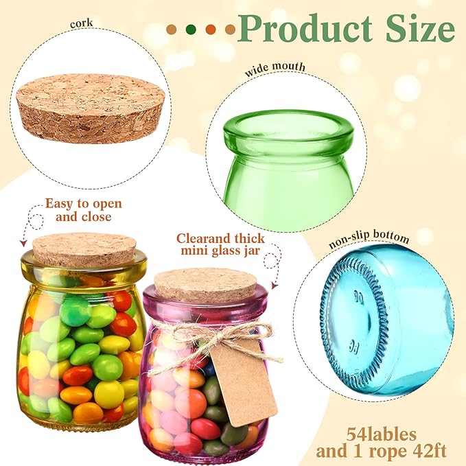 Qinyoung 54 Pack Bulk 3.4 oz Mini Colored Glass Mason Jars with Cork Lids & Labels & Twines — Decorative Storage Containers Multi-purpose for Wedding Holiday Party Favor Gifts DIY Craft Home Decor