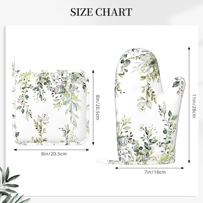 Sage Green Eucalyptus Oven Mitts and Pot Holders Set, 4pcs Silicone Watercolor Butterfly Leaves Oven Glove for Kitchen Heat Resistant Oven Mitts and Potholders Non-Slip for Cooking