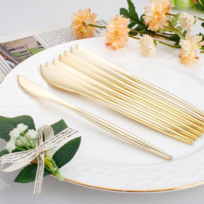 I00000 90 Pcs Gold Plastic Knives,Plastic Silverware, Gold Disposable Utensils, Heavy Duty Disposable Knives Dinnerware Perfect for Parties, Wedding & Dinners