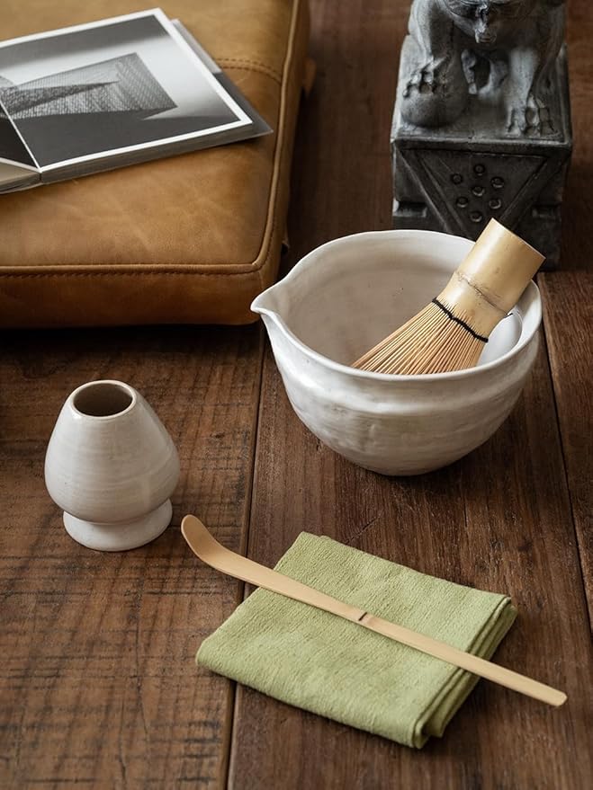 6-pcs Japanese Matcha Whisk Set with Handmade Wabi-Sabi Ceramic Bowl(Chawan),Bamboo Chasen, Whisk Holder, Scoop, Sifter & Tea Towel,Matcha Ceremony Kit,(Light Veil Gray)