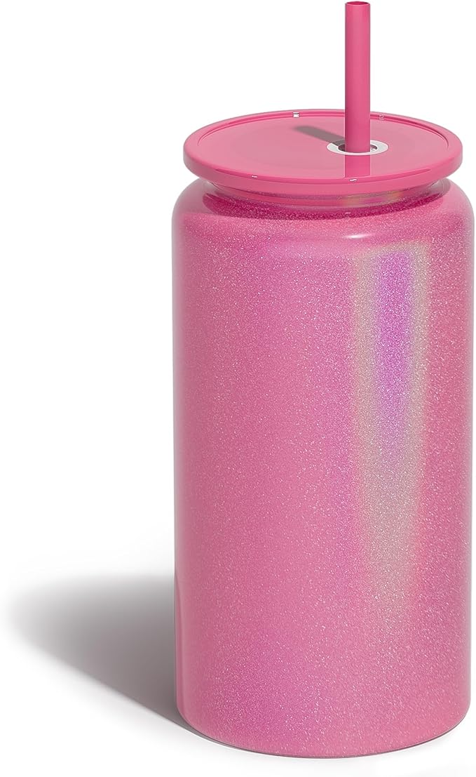 Glass Cups with Lids and Straws, 16oz Stainless Steels Cups, Beer Cups, Iced Coffee Cup, Smoothie Cup, Sublimation Tumbler, Fuchsia (Shiny Polished Finish, Sublimatable)