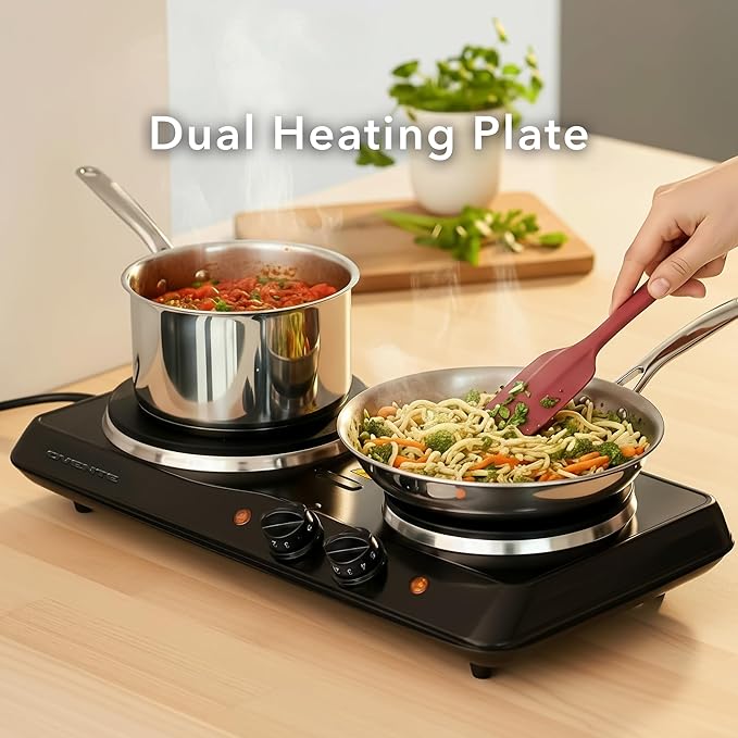 OVENTE Electric Countertop Double Burner, 1700W Cooktop with 7.25" and 6.10" Cast Iron Hot Plates, Temperature Control, Portable Cooking Stove and Easy to Clean Stainless Steel Base, Black BGS102B