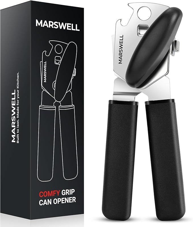 MARSWELL Manual Can Opener with Comfy Grip, Easy Turn Knob & Magnetic Lid Lifter, Smooth Cutting Hand Held Can Opener for Seniors, Arthritis & Weak Hands, Heavy Duty Kitchen Tool, Black