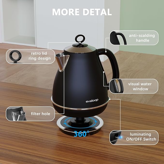Evoloop 1.7L Electric Kettles, BPA Free Tea Kettle, Hot Water Boiler Heater, Stainless Steel Teapot, Auto Shut-Off & Boil-Dry Protection, 120V/1500W (Black)