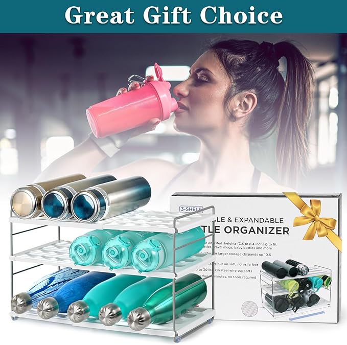 10.6-16.7" Adjustable Width Water Bottle Organizer for Cabinet, 3-Tier Expandable Water Bottle Holder Rack, Cup and Tumbler Storage for Kitchen Organization, Sports Flask, Insulated Travel Mug, Fridge
