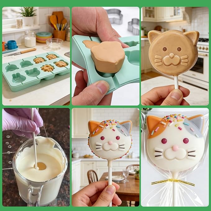 Juome Cake Pop Mold Kit, 2 Pack 16 Cavities Animal Shape Cakesicle Molds Silicone with 100 Wooden Sticks&100 Packaging Bags, Cake Pop Maker Supplies Accessories, Baking Tools for Home Baking Desserts