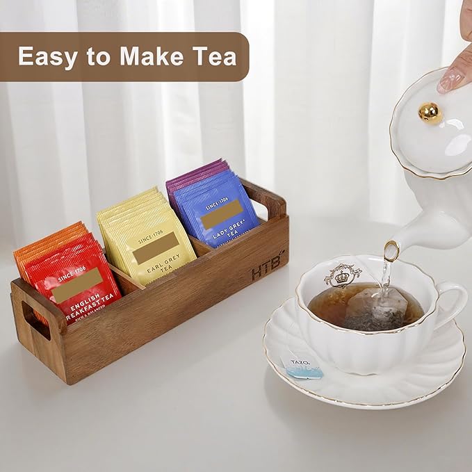 HTB Small Wooden Tea Bag Box 2PCS, 3 Compartments Acacia Wood Tea Bag Chest with Handle, Mini Countertop Divided Storage Container for Beverage Supplies, Sugar, Sweeteners, Individual Packets