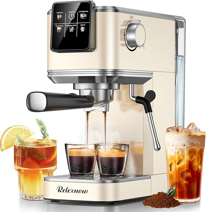 RELEXNOW Espresso Machine, 20 Bar Espresso Maker Milk Frother & LCD Panel, Hot & Iced Coffee Machine, Stainless Steel Espresso Coffee Machine with 41oz Water Tank for Cappuccino, Latte