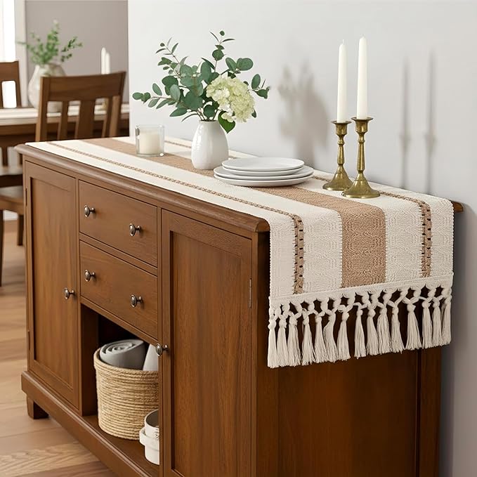 FEXIA Boho Table Runner for Hoilday Spring Home Decor with Tassels 60 Inches Long Pottery barn Furniture Farmhouse Rustic Macrame Burlap Table Decoration for Living Room (12x60 Inches)