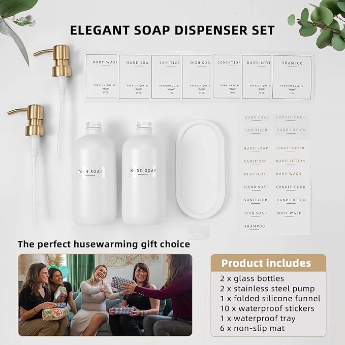Soap Dispenser Bathroom - Dish and Hand Soap Dispenser Set, Glass Soap Lotion Dispenser with Pump for Kitchen with Tray, Waterproof Labels, 2 Lotion White Bottle/Gold Pump N