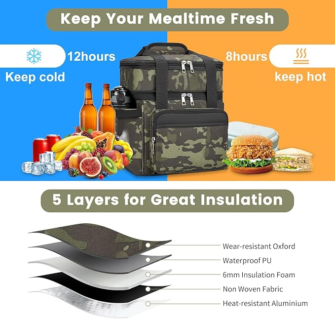 holuxer Insulated Lunch Bag & Lunch Box for Men - Double Deck Reusable Lunch Bag for Women Tote Cooler Bag Leakproof Soft Expandable - Extra Large Lunchbox for Work/Adult/Picnic/Outdoor (Camo，22L)