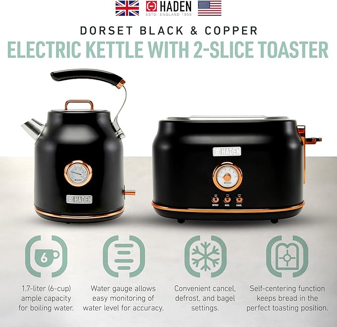 Haden Dorset 1.7 Liter Stainless Steel Electric Kettle with 360-Degree Base Bundled with 2 Slice Wide Slot Stainless Steel Toaster, Black & Copper