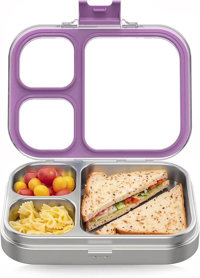 HOMEKOL Stainless Steel Bento Lunch Box, 3-Compartment Leak-Proof Lunch Container for Kids & Adults, BPA/BPS-Free 304 Metal Food Box, Dishwasher Safe, Clear Tritan Lid, Purple (Not Insulated)