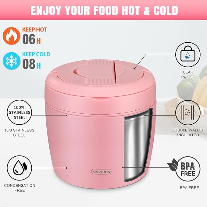 wiwens Thermo Food Jar for Hot Food Adults 32OZ Soup Thermo Lunch Containers Wide Mouth Vacuum Insulated Stainless Steel Leakproof Bento Box with Spoon (Pink2)
