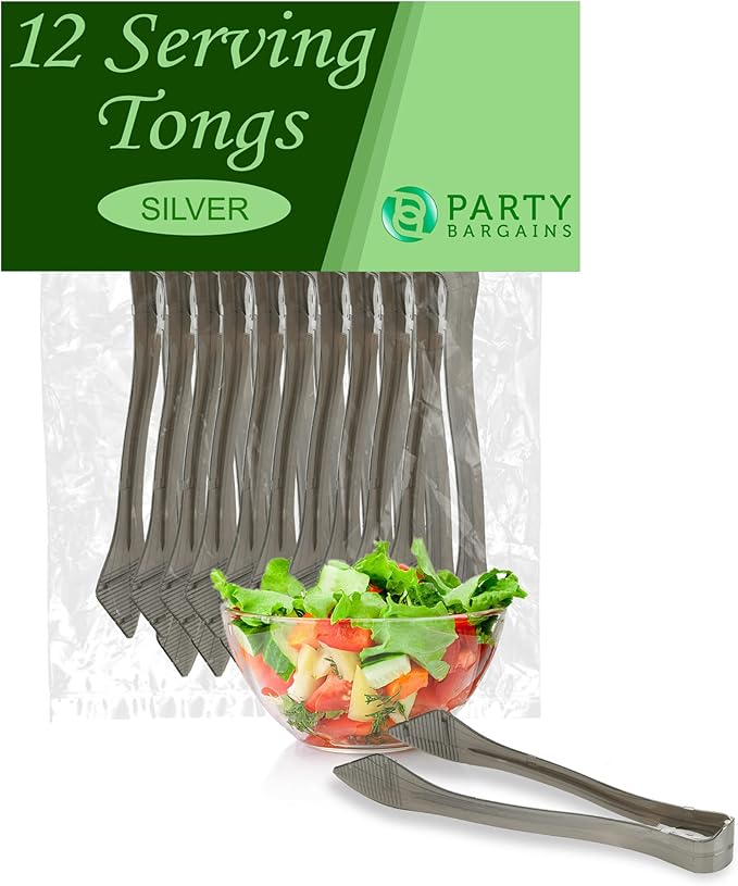 PARTY BARGAINS 8.5 Inches Plastic Serving Tongs, 12 Pack, Premium Quality & Heavy-Duty Silver Plastic Tongs for BBQ, Salads, Grilling, Buffets, & Kitchen