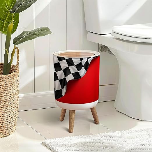 Trash Can with Lid Checkered Flag Press Top Round Small Garbage Bin with Wooden Legs Waste Basket for Kitchen Bedroom Nursery 7L/1.8 Gallon