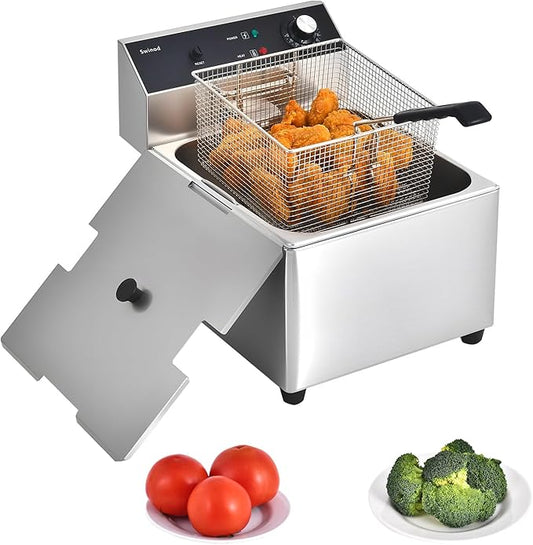 Commercial Deep Fryer with Basket, 1700w 11.6Qt 0.6mm Thickened Stainless Steel Countertop Electric Fryer for Home and Commercial Use, Oil Fryer with Double Overheat Protection