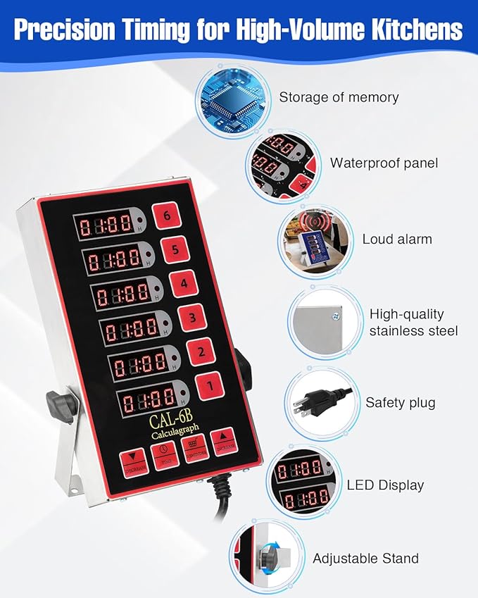 Commercial Kitchen Timer, 6 Channel Timer Restaurant Kitchen Supplies, Heavy-Duty Timer - Stainless Steel | Digital LED Technology | Reminder Function | Loud Alarm