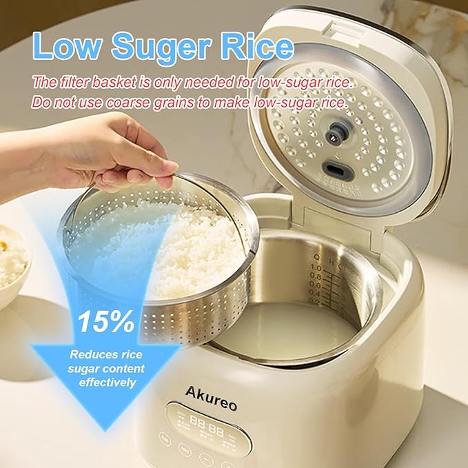 5 cup 2.5L Low Suger Rice Cooker with 304 Stainless Steel inner pot, healthy for 2-3-person households, Office workers & low carb dieters, exercisers and the elderly