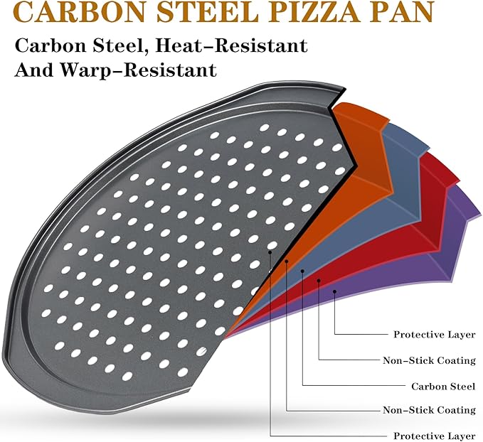 Bestdin 5Pcs Pizza Pan Set - 12 inch Pizza Pan with Holes, Non-stick, Pizza Oven Accessories with 2 Carbon Steel Round Pans, Pizza Cutter and 2 Gloves, Dishwasher Safe