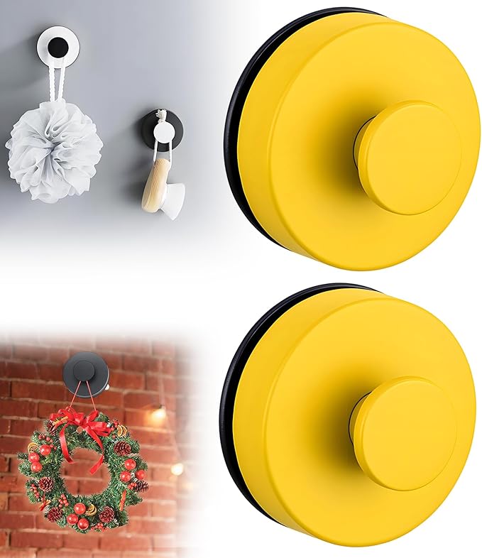 Suction Cup Hooks for Wreaths on Glass, 2025 New No Drill Suction Cup Hooks for Shower, Wreath Hanger Holder for Front Door, Upgraded Towel Hooks for Window Bathroom Mirrors (2, Yellow)
