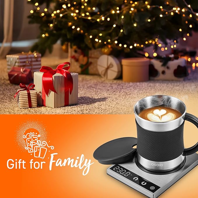COSORI Coffee Mug Warmer & Mug Set for Desk, Cup Heater, Office & Christmas Gifts, 1°F Precise Temperature Control, Touch Tech & LCD Digital Display (77-194℉), 304 Stainless Steel, Silver/Black