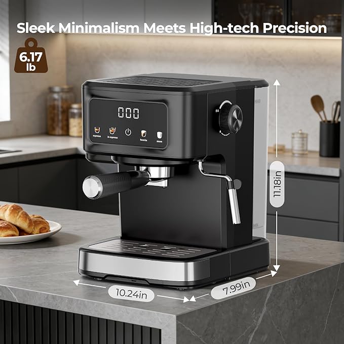 15 Bar Espresso Machine with Milk Frother, Digital Espresso Coffee Maker for Home, 50oz Removable Tank, 45s Quick Heat, Coffee Maker for Cafe-Quality Lattes & Cappuccino