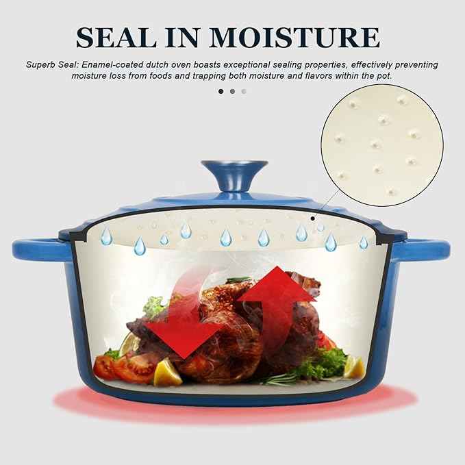 Overmont Enameled Cast Iron Dutch Oven - 7QT Pot with Lid Cookbook & Cotton Potholders - Heavy-Duty Cookware for Braising, Stews, Roasting, Bread Baking blue