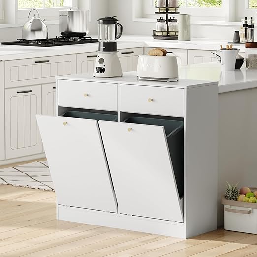 Housoul Double Tilt Out Trash Can Cabinet with 2 Drawers, Trash Storage Cabinet, Hidden Garbage Bin, Free Standing Laundry Sorter Organizer for Kitchen Dining Living Room, Bathroom, White